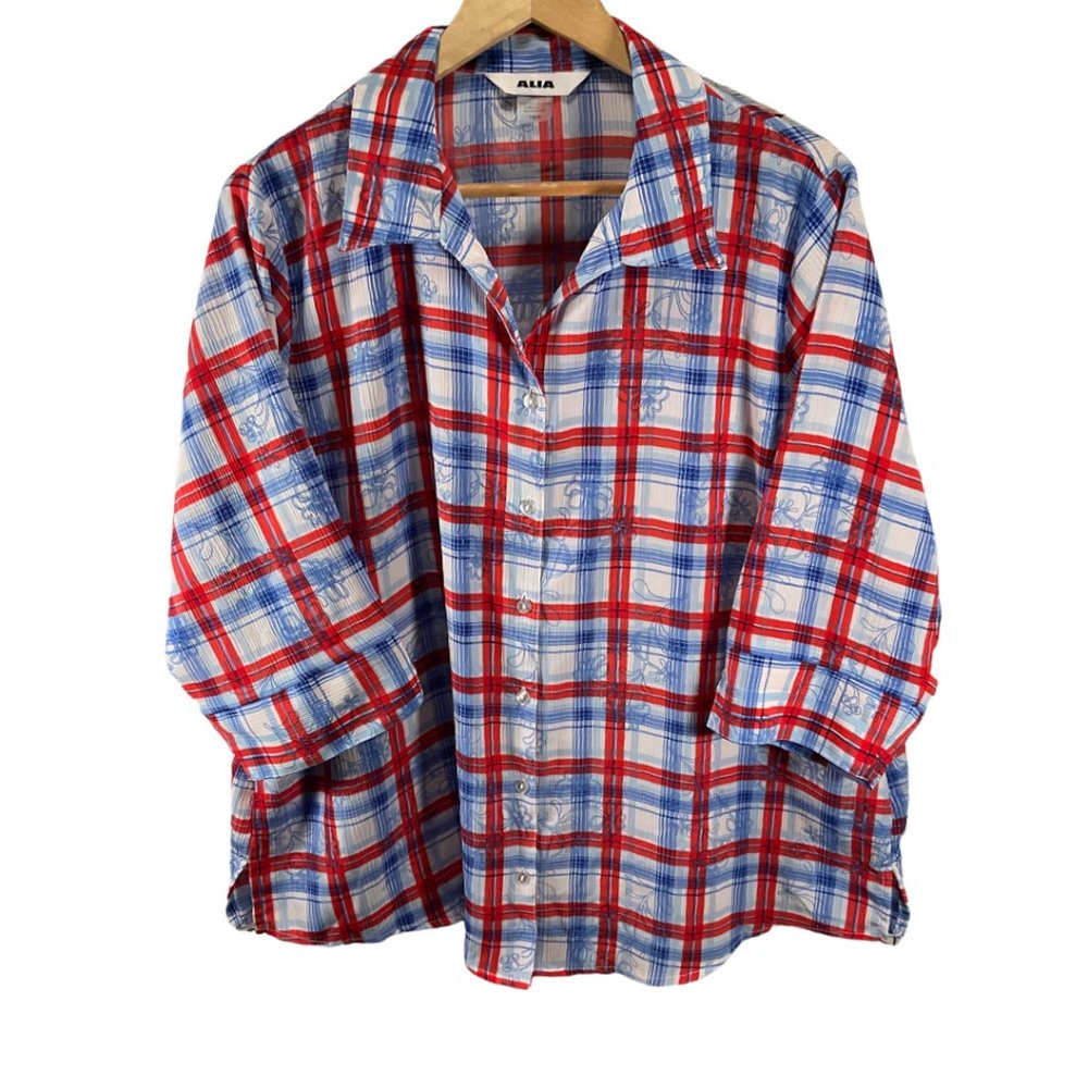 Red/White/Blue Plaid/Floral Print Collared Button Up Blouse